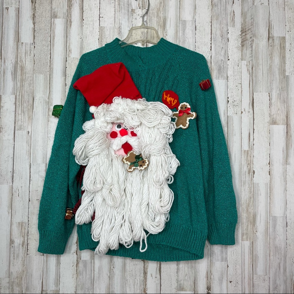 Cute Ugly Christmas Sweater XL Handmade Santa Reindeer Elf Karen Scott Green